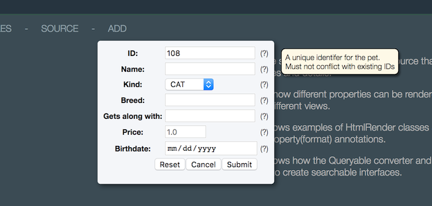 Pet Store Menu Example