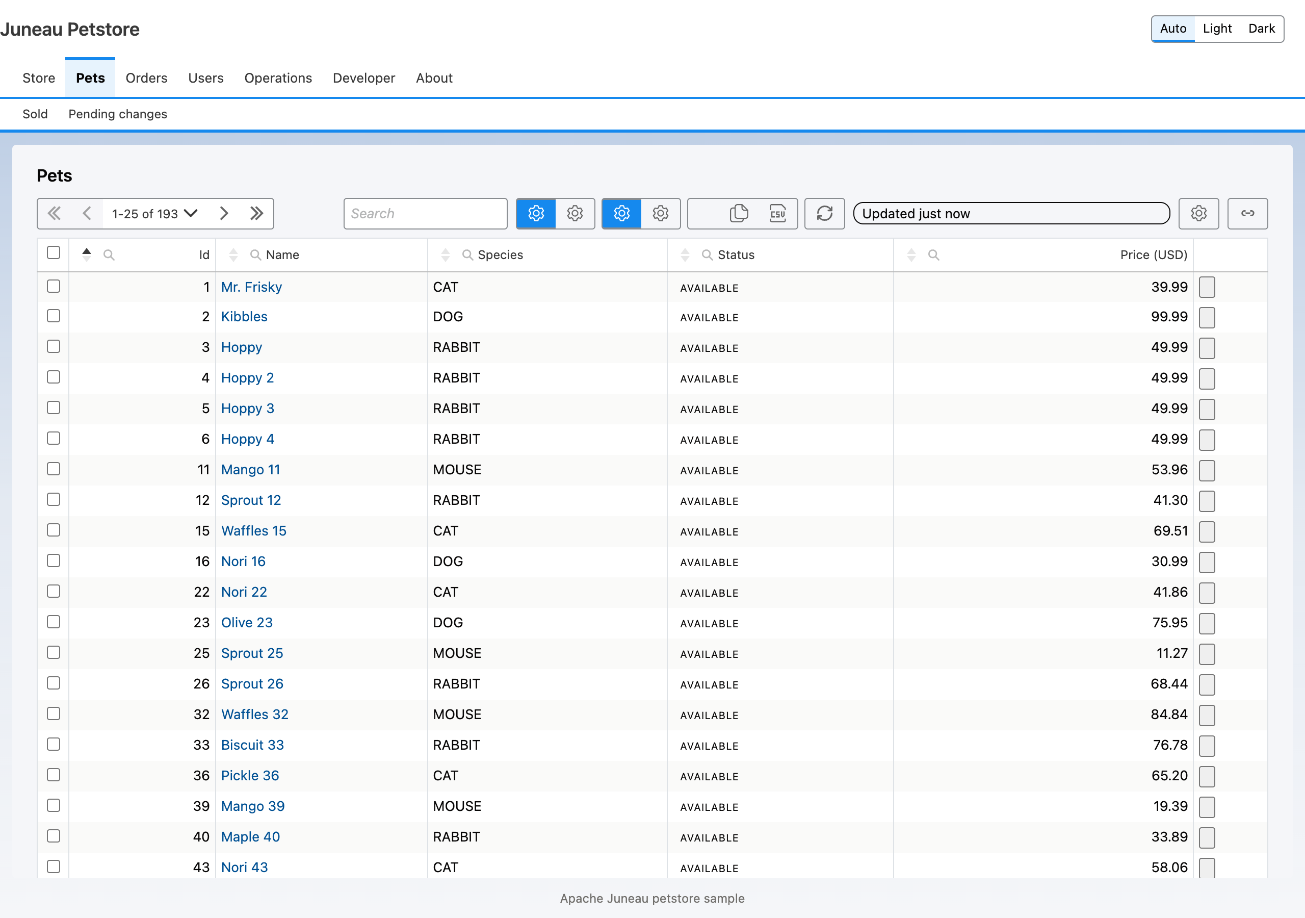 A finished console page: header, navigation tree and a table card with paging, search and sortable columns