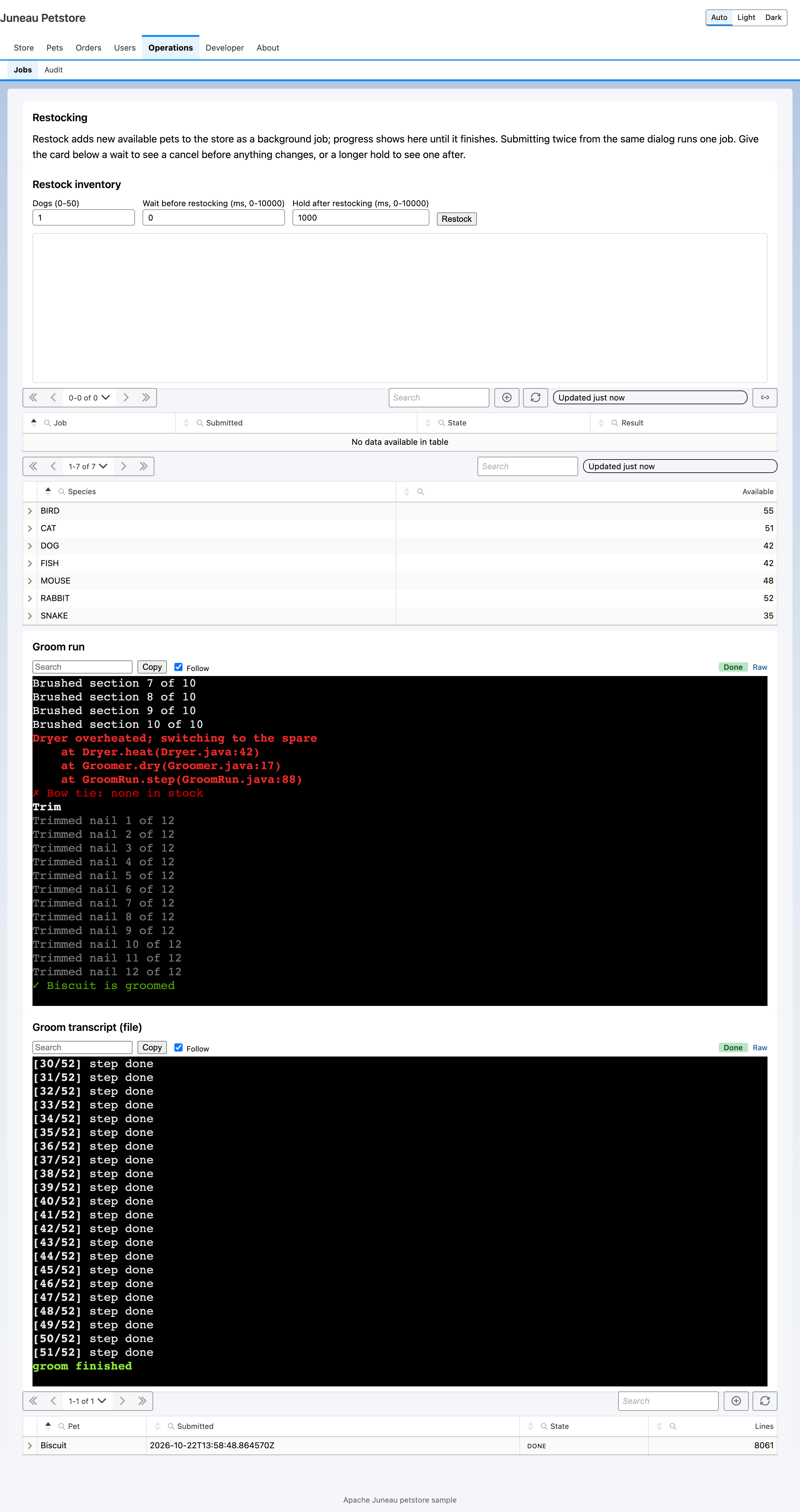 The jobs page: restock form, job and species tables, and the grooming job streamed into terminal cards