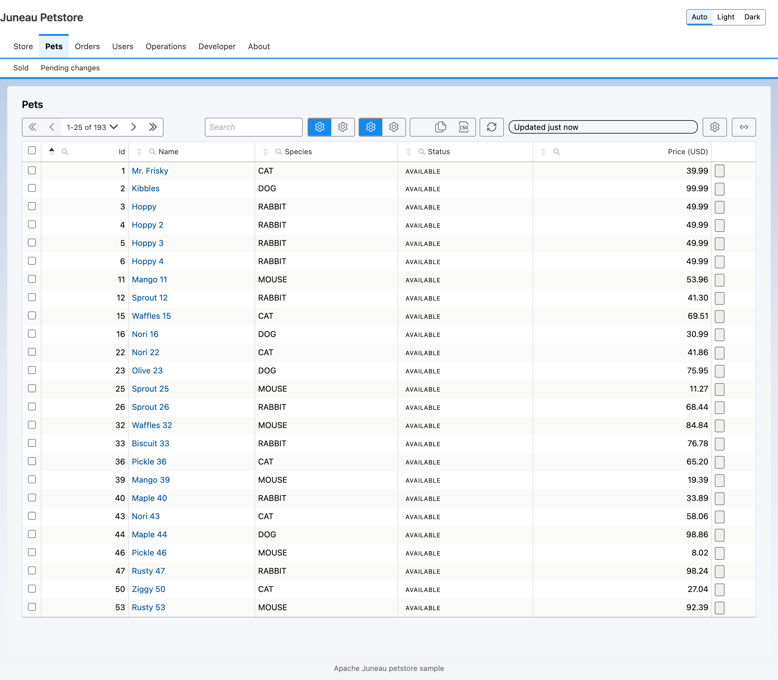 The pets page: a server-mode table with paging, search, per-column filters and row actions