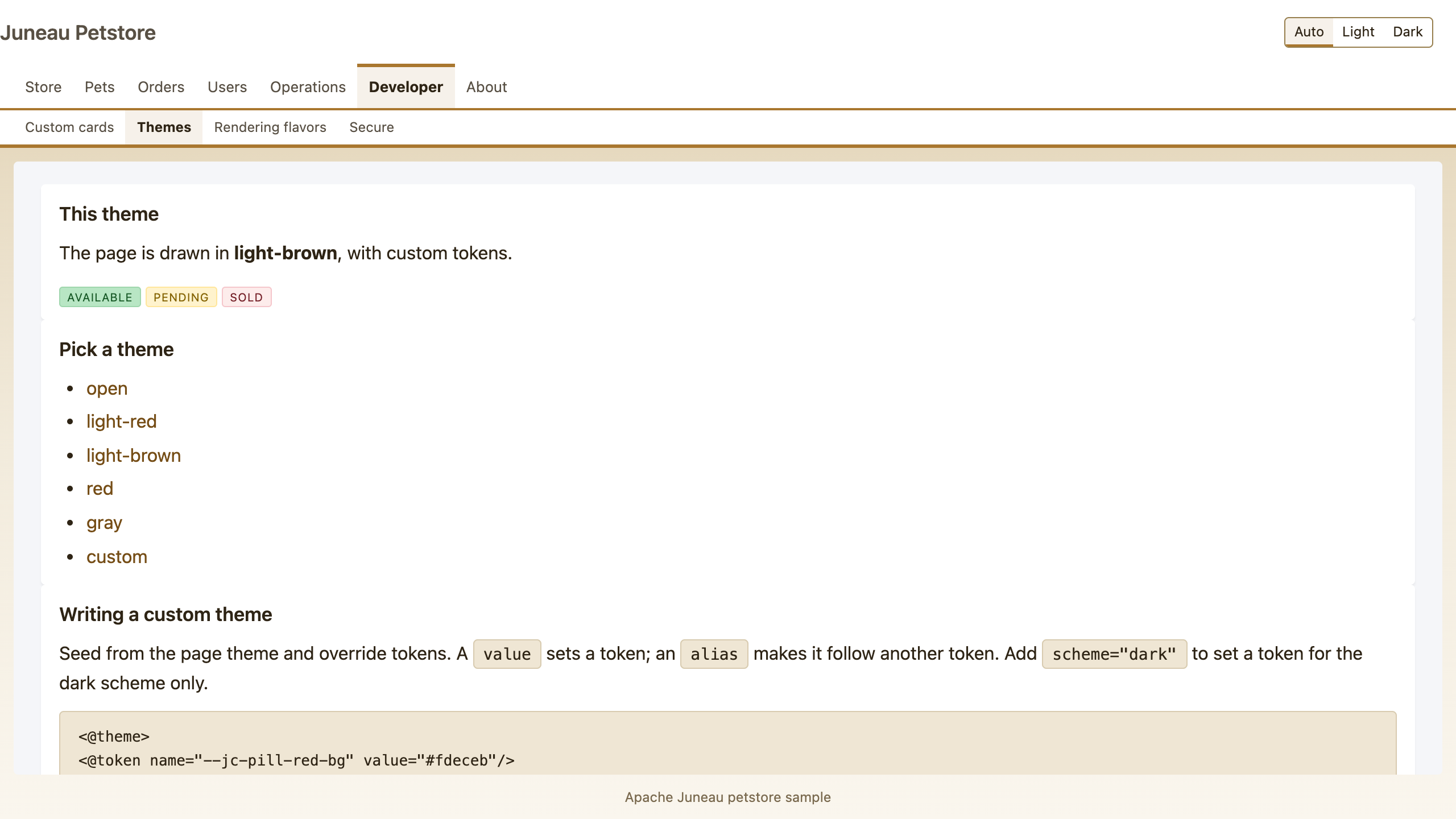 The themes page in the custom theme