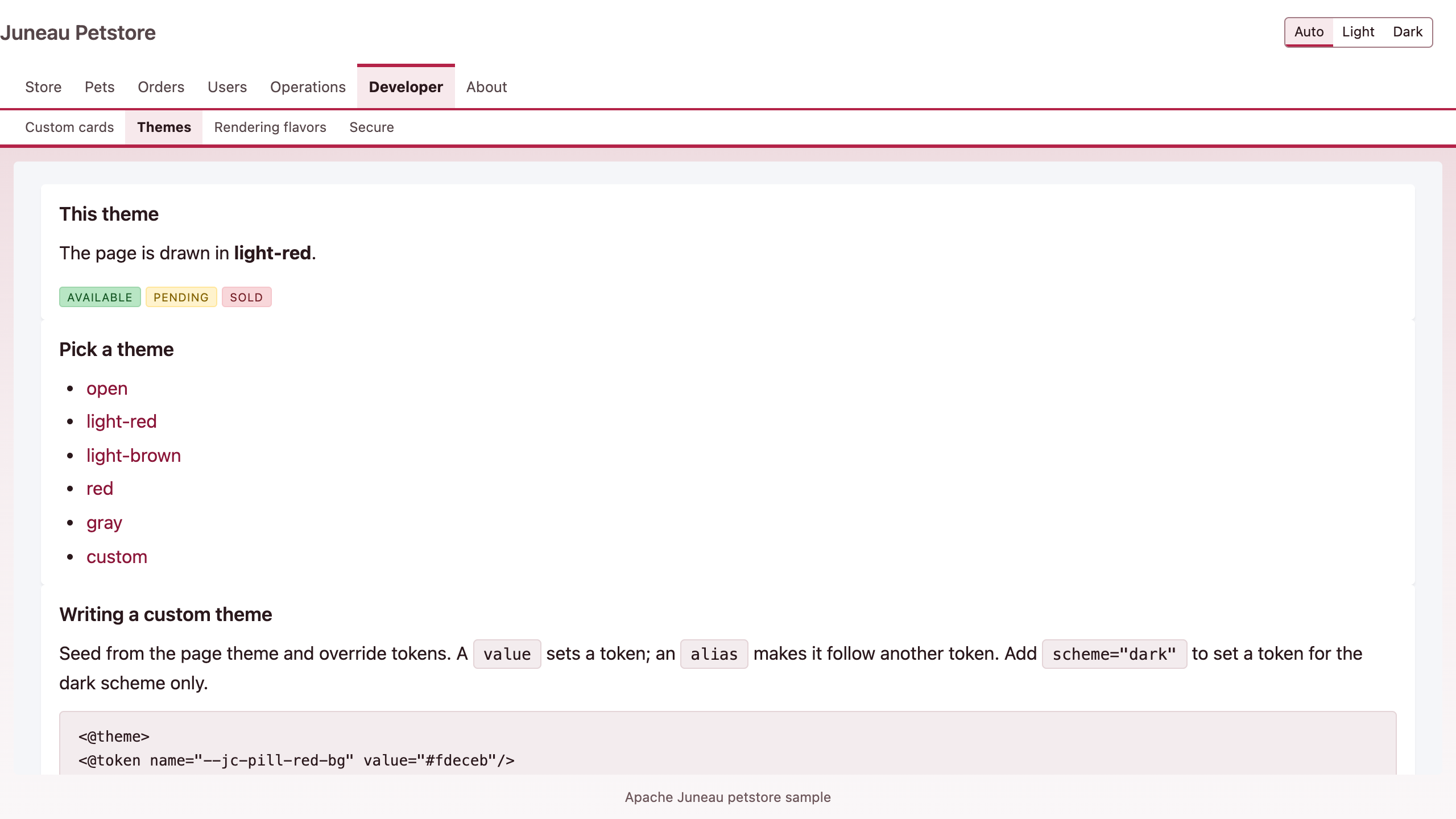 The themes page in the light-red theme