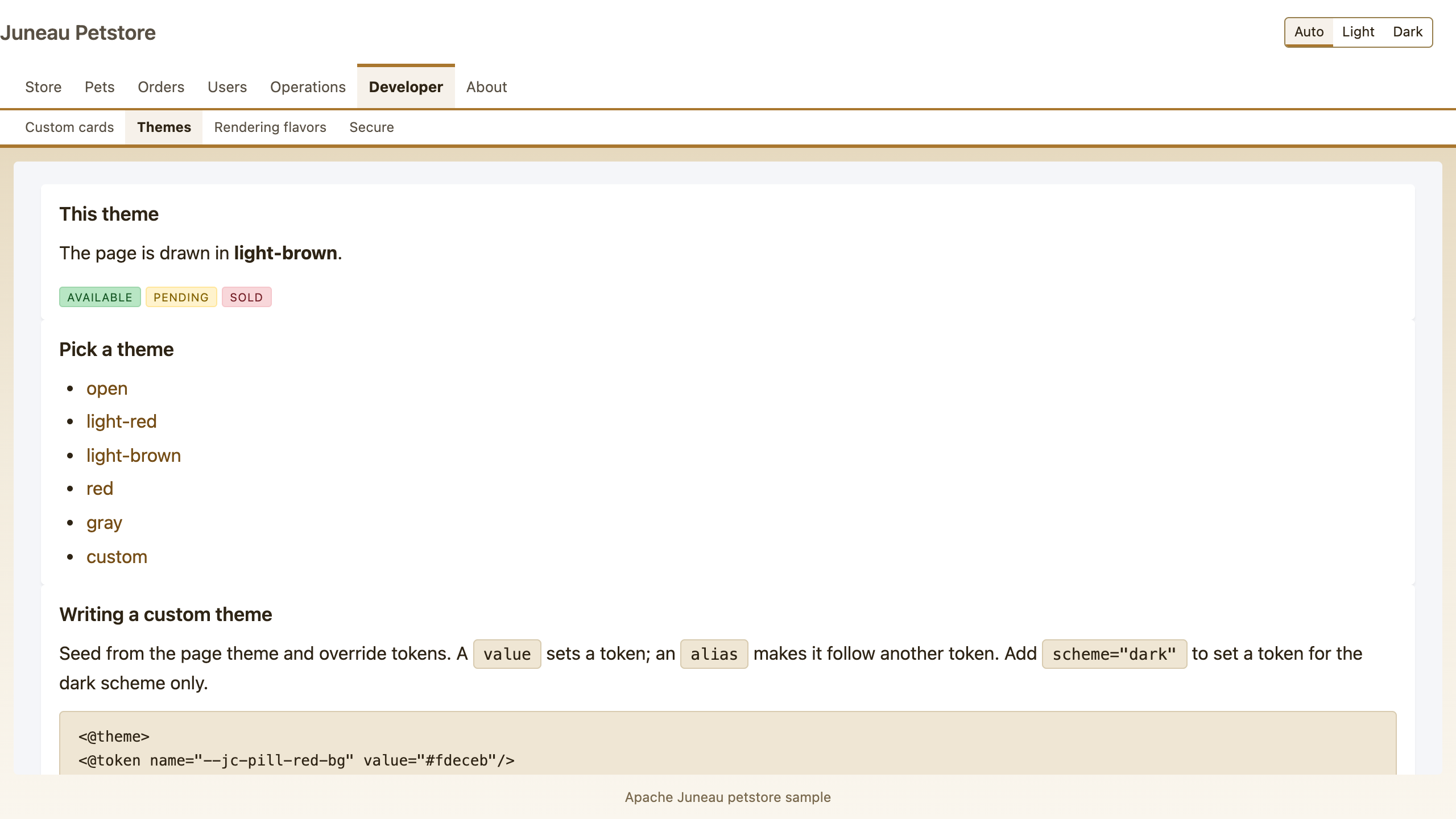 The themes page in the light-brown theme
