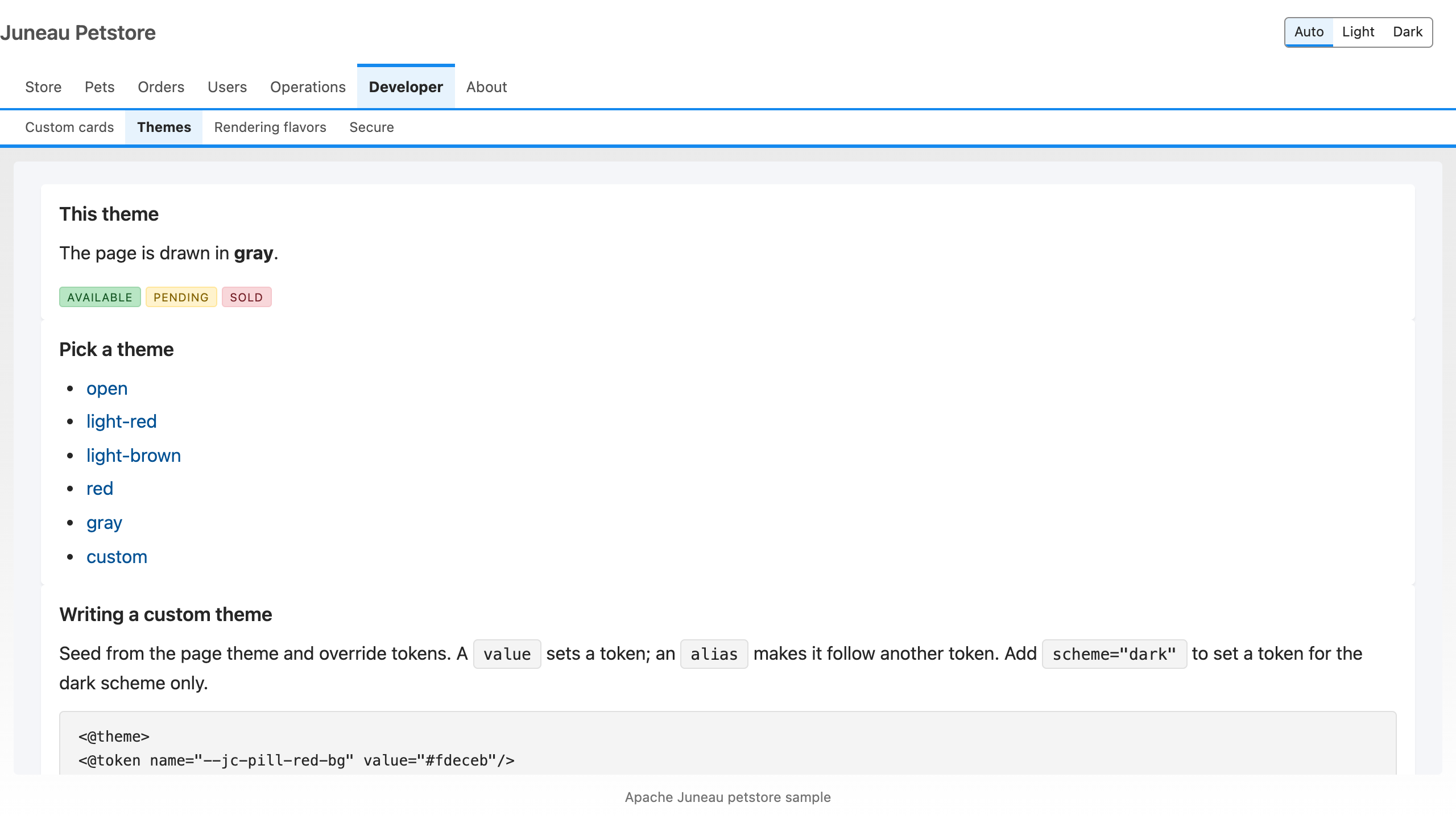 The petstore themes page in the gray theme