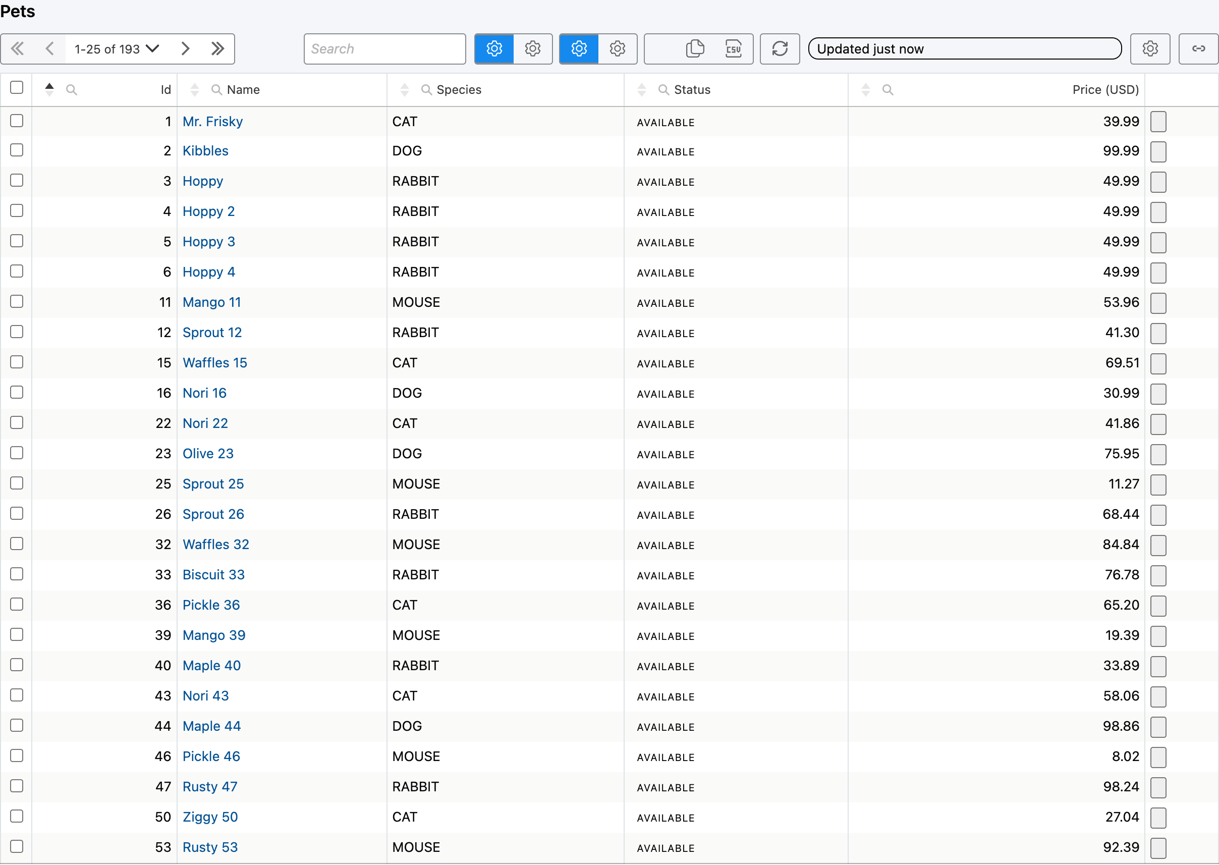 A table card from the petstore: toolbar with paging and search, sortable columns with per-column search, and rows